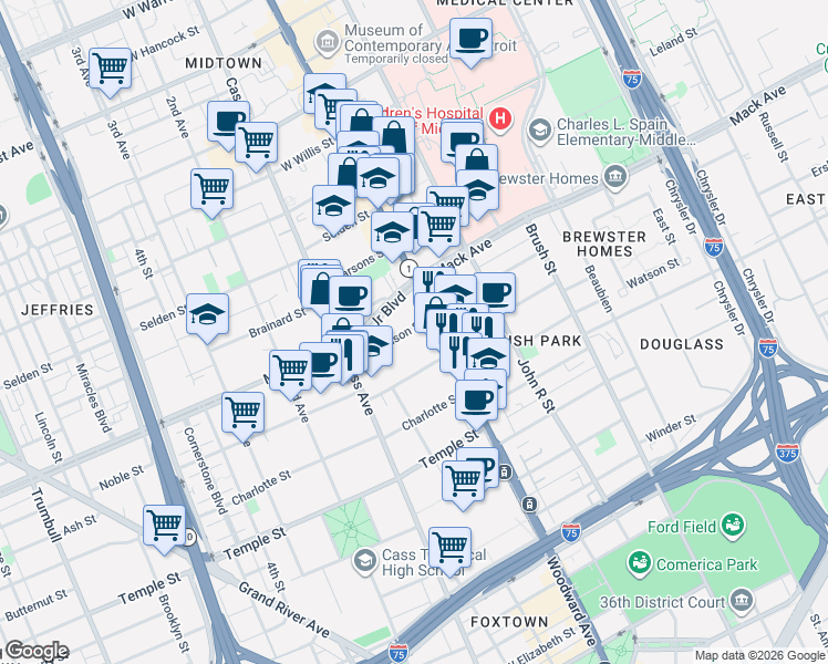 map of restaurants, bars, coffee shops, grocery stores, and more near 3439 Woodward Avenue in Detroit