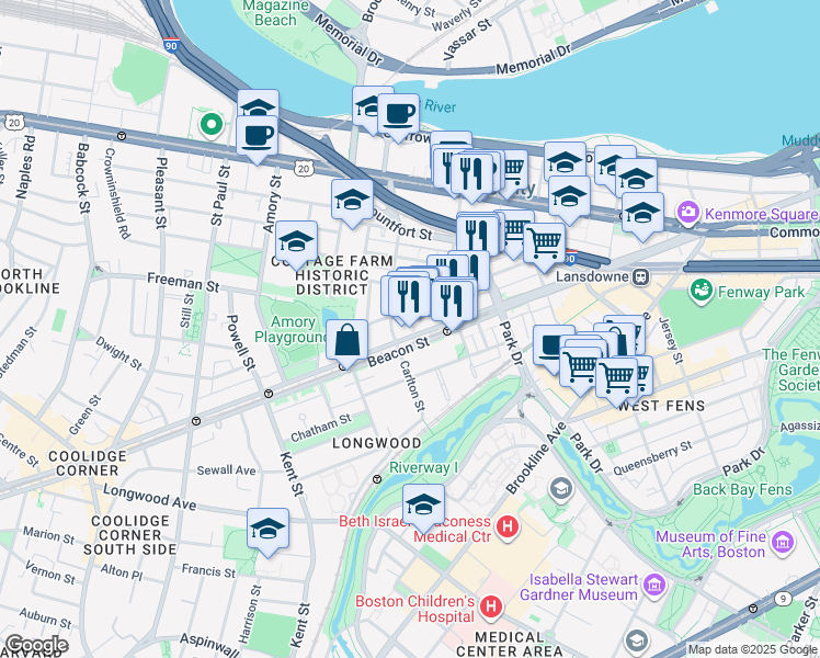 map of restaurants, bars, coffee shops, grocery stores, and more near 1026 Beacon Street in Brookline