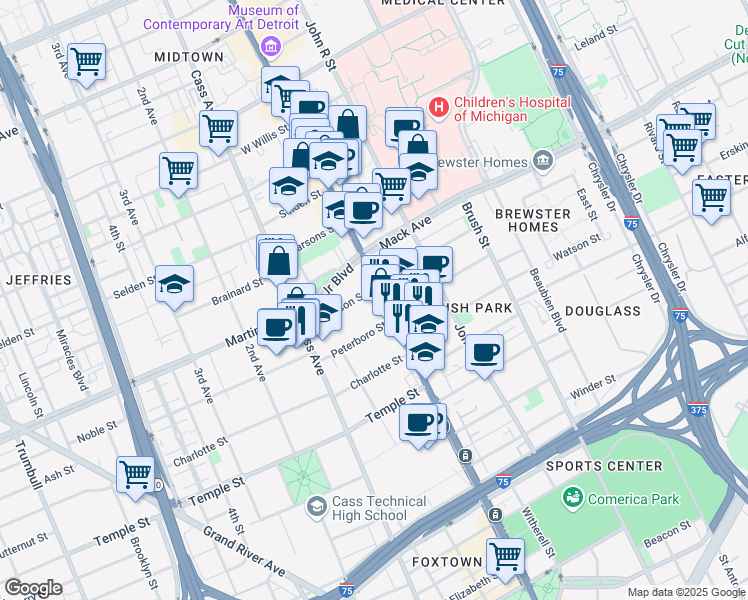 map of restaurants, bars, coffee shops, grocery stores, and more near 3501 Woodward Avenue in Detroit