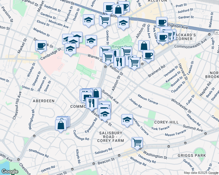 map of restaurants, bars, coffee shops, grocery stores, and more near 1486 Commonwealth Avenue in Boston