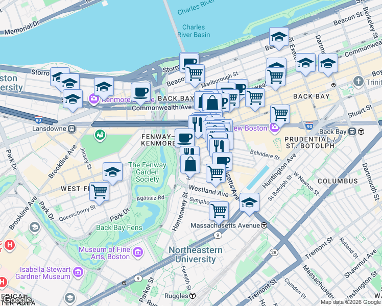 map of restaurants, bars, coffee shops, grocery stores, and more near in Boston