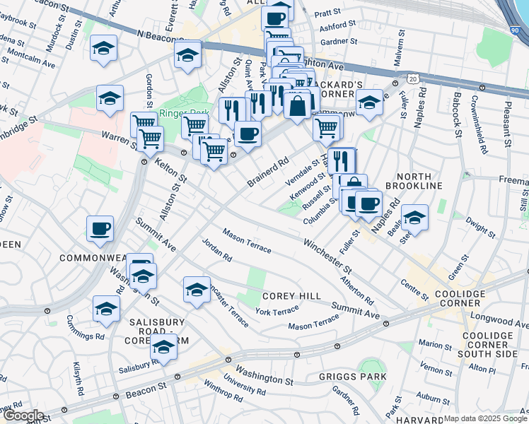 map of restaurants, bars, coffee shops, grocery stores, and more near 116 Columbia Street in Brookline