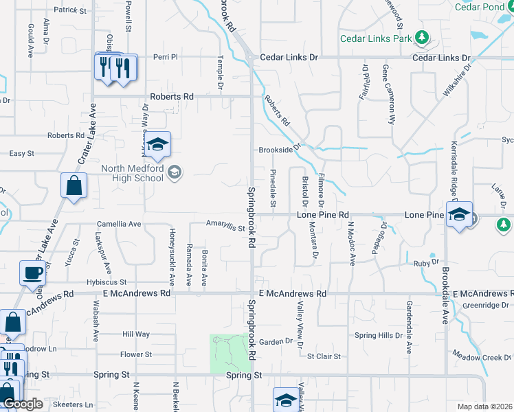 map of restaurants, bars, coffee shops, grocery stores, and more near 1770 Springbrook Road in Medford