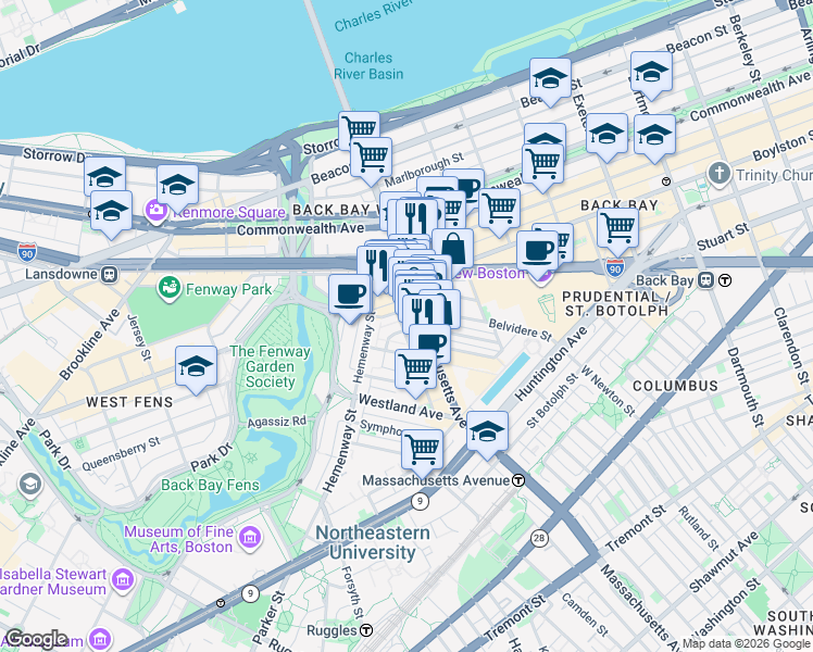 map of restaurants, bars, coffee shops, grocery stores, and more near in Boston
