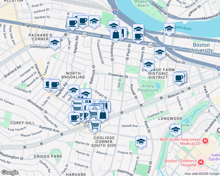map of restaurants, bars, coffee shops, grocery stores, and more near 18 Still Street in Brookline