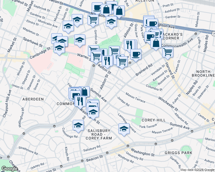 map of restaurants, bars, coffee shops, grocery stores, and more near in Boston