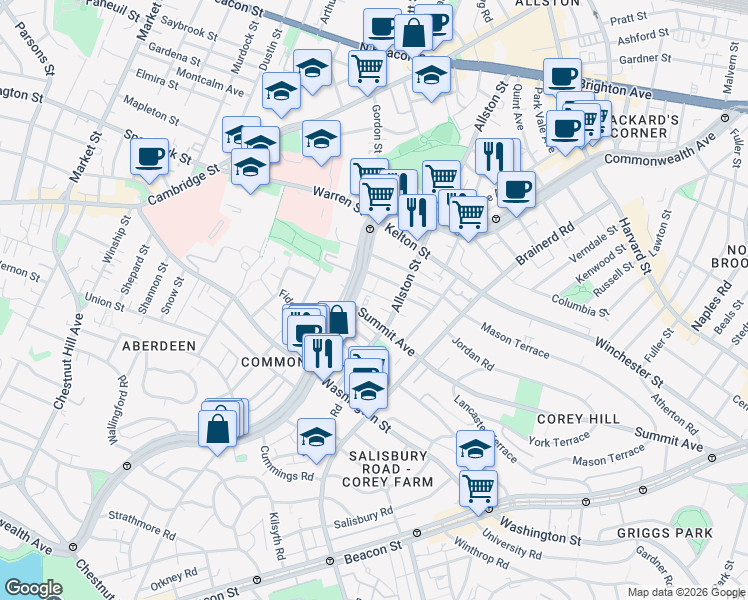 map of restaurants, bars, coffee shops, grocery stores, and more near 1486 Commonwealth Avenue in Boston