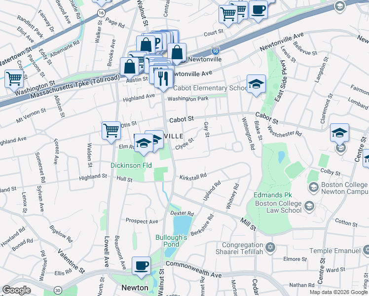 map of restaurants, bars, coffee shops, grocery stores, and more near 49 Clyde Street in Newton