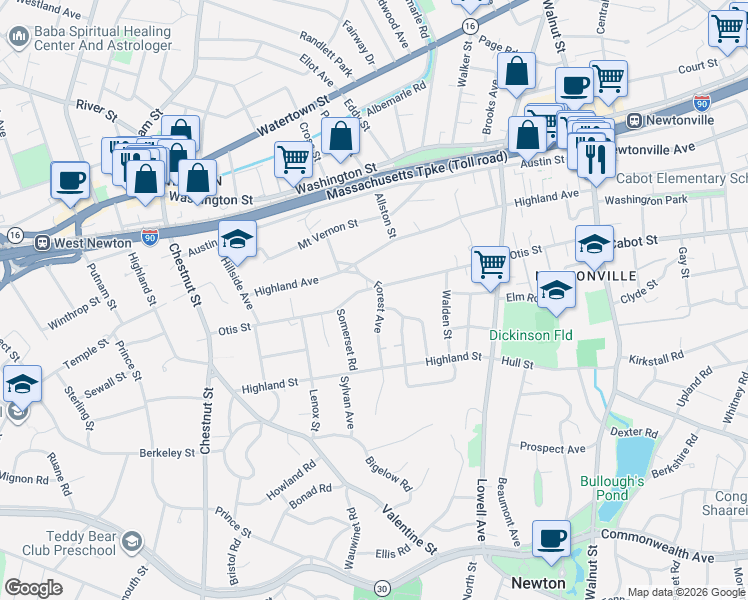 map of restaurants, bars, coffee shops, grocery stores, and more near 221 Otis Street in Newton