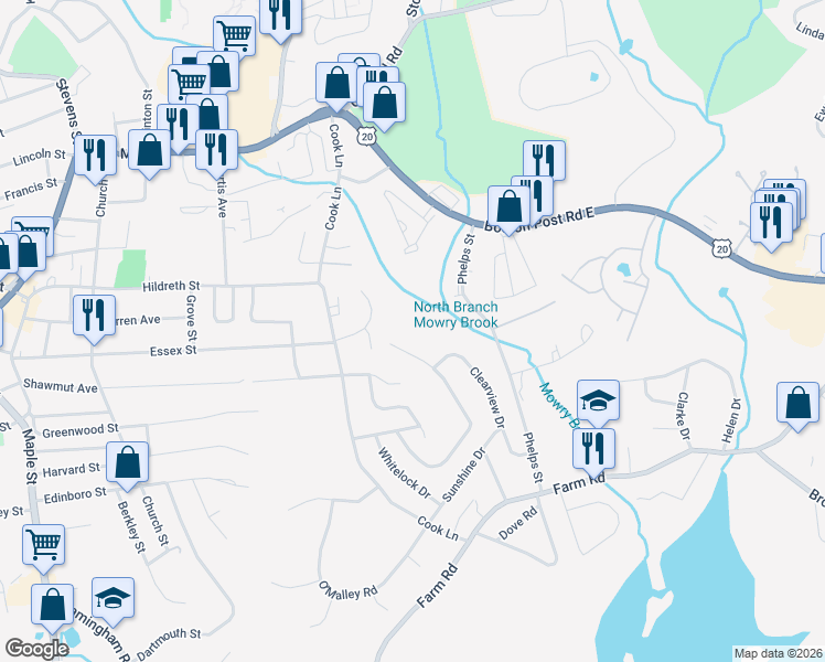 map of restaurants, bars, coffee shops, grocery stores, and more near 175 Roundtop Road in Marlborough