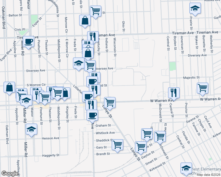 map of restaurants, bars, coffee shops, grocery stores, and more near 7410 Indiana Street in Dearborn