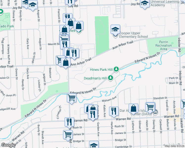 map of restaurants, bars, coffee shops, grocery stores, and more near 29135 Brody Avenue in Westland