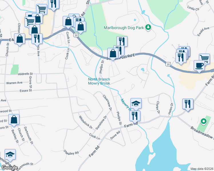 map of restaurants, bars, coffee shops, grocery stores, and more near 91 Phelps Street in Marlborough