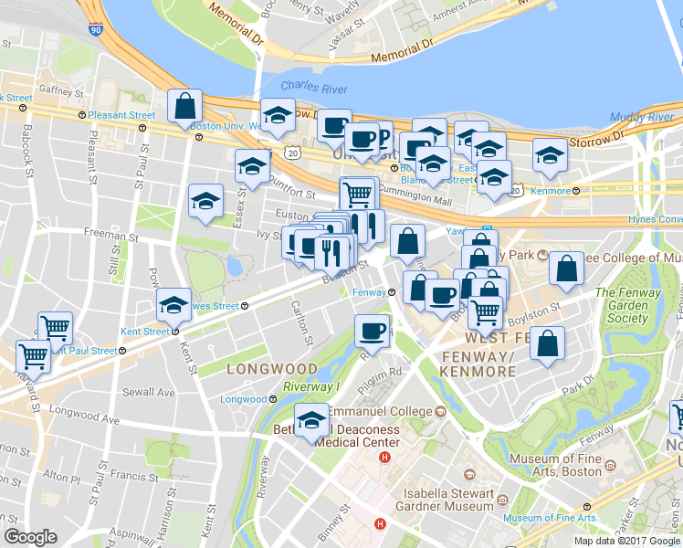 map of restaurants, bars, coffee shops, grocery stores, and more near Beacon St & St Marys St in Boston