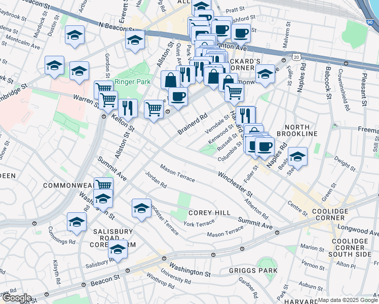 map of restaurants, bars, coffee shops, grocery stores, and more near 116 Columbia Street in Brookline