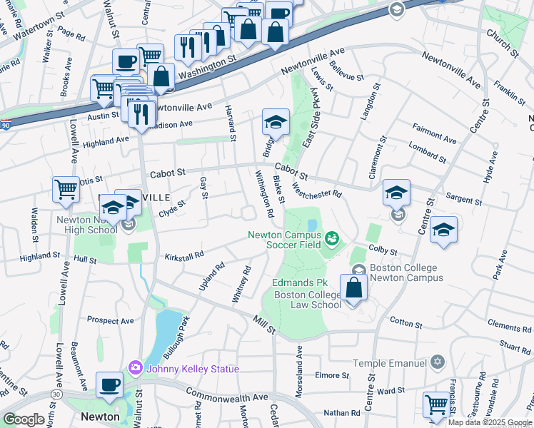 map of restaurants, bars, coffee shops, grocery stores, and more near 110 Withington Road in Newton
