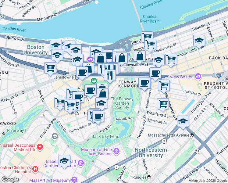 map of restaurants, bars, coffee shops, grocery stores, and more near 1197 Boylston Street in Boston