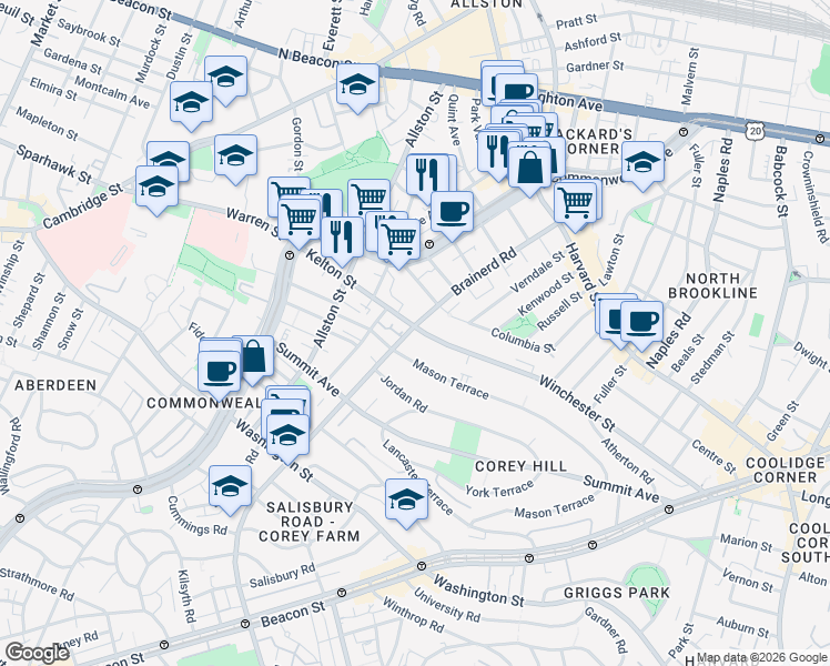 map of restaurants, bars, coffee shops, grocery stores, and more near 239 Kelton Street in Boston