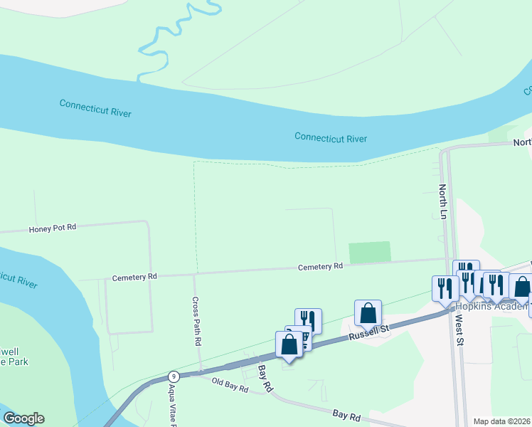 map of restaurants, bars, coffee shops, grocery stores, and more near 36 Cemetery Road in Hadley