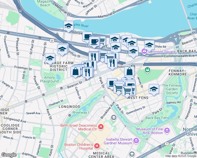 map of restaurants, bars, coffee shops, grocery stores, and more near 880 Beacon Street in Boston
