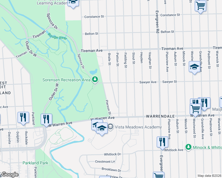 map of restaurants, bars, coffee shops, grocery stores, and more near 7459 Braile Street in Detroit
