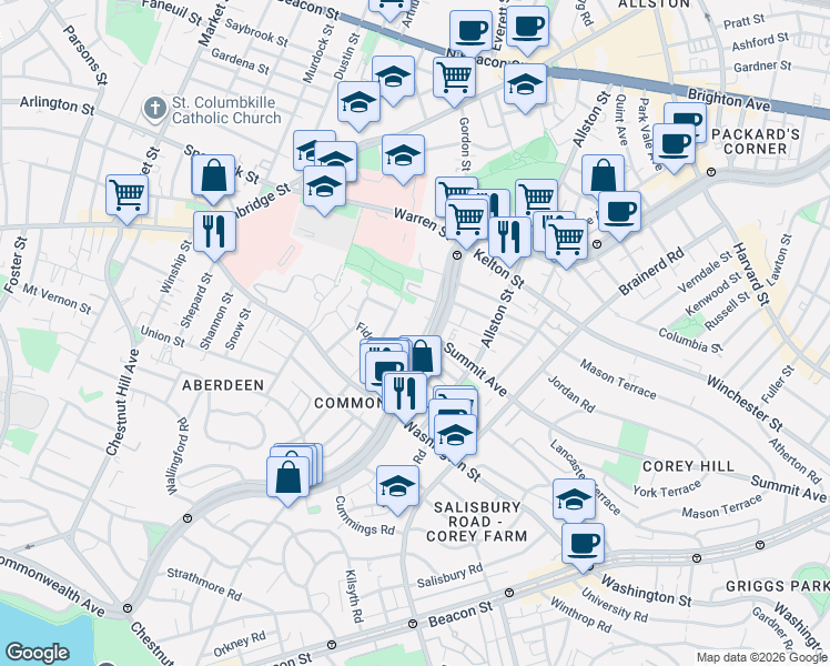 map of restaurants, bars, coffee shops, grocery stores, and more near 1515 Commonwealth Avenue in Boston