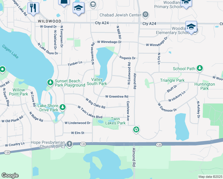 map of restaurants, bars, coffee shops, grocery stores, and more near 17929 West Chippewa Road in Grayslake