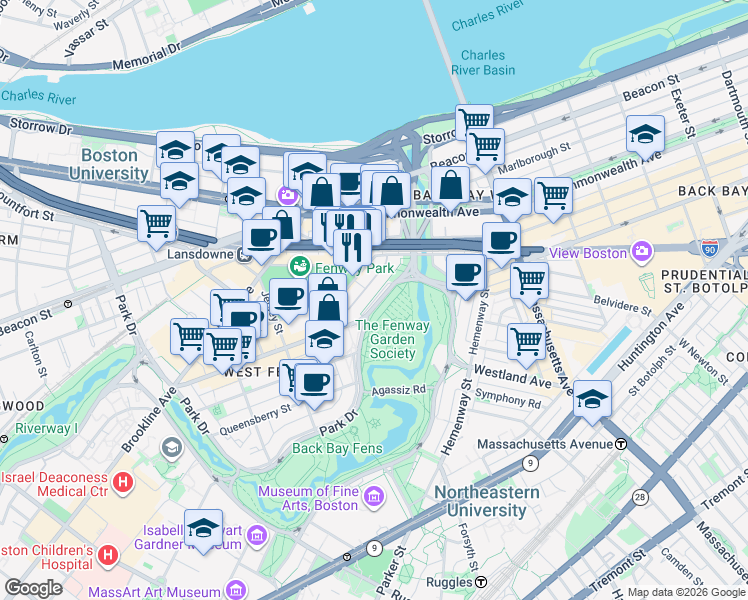 map of restaurants, bars, coffee shops, grocery stores, and more near 1179 Boylston Street in Boston