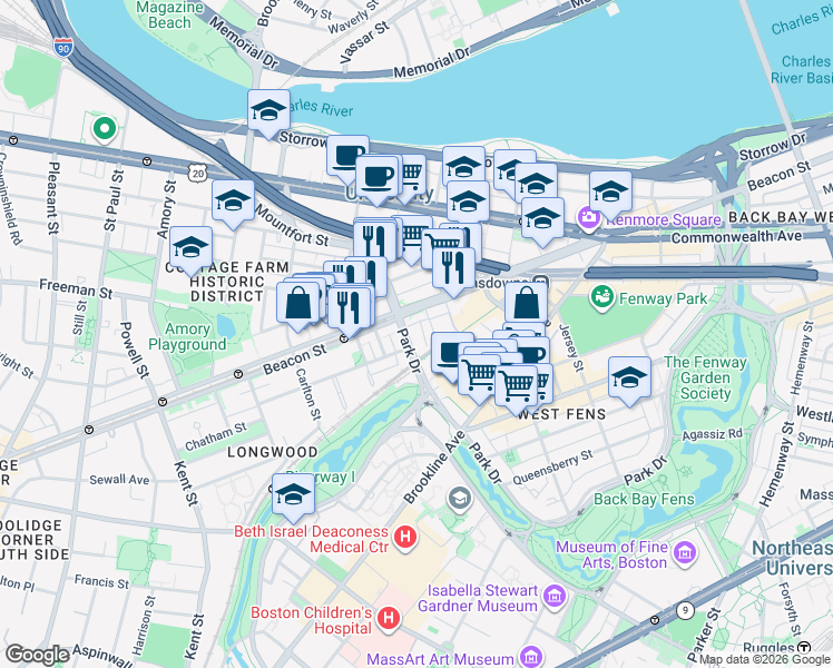 map of restaurants, bars, coffee shops, grocery stores, and more near 877 Beacon Street in Boston