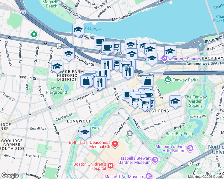 map of restaurants, bars, coffee shops, grocery stores, and more near 880 Beacon Street in Boston