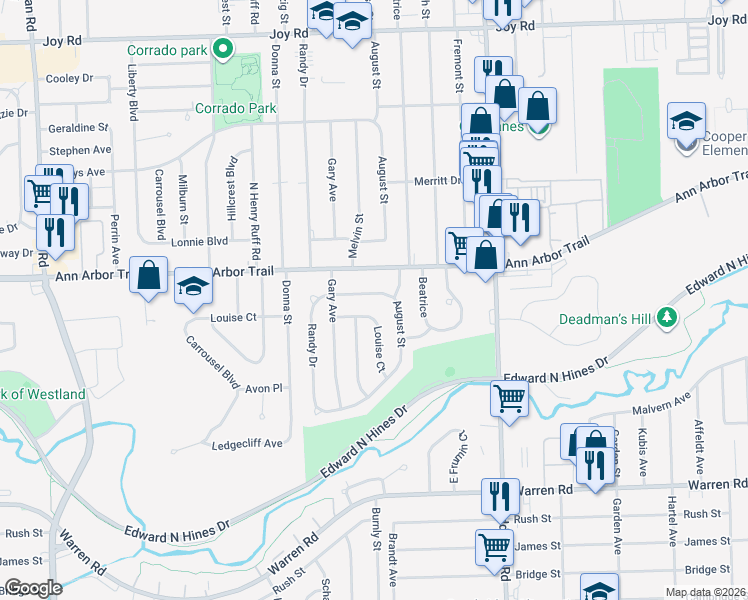 map of restaurants, bars, coffee shops, grocery stores, and more near 29838 Shackett in Westland
