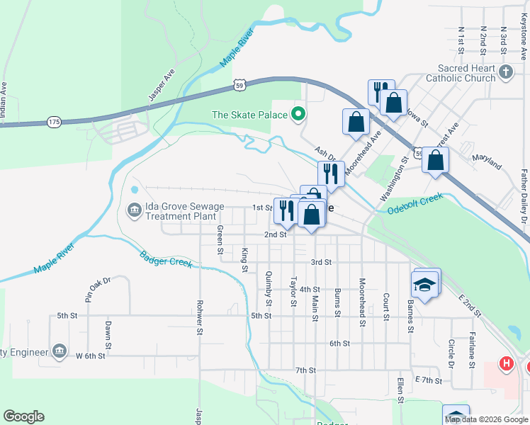 map of restaurants, bars, coffee shops, grocery stores, and more near 750-798 1st Street in Ida Grove