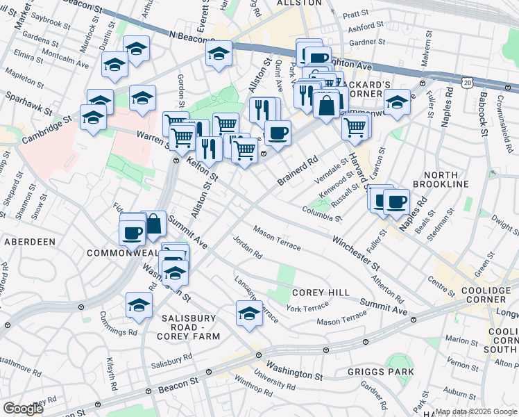 map of restaurants, bars, coffee shops, grocery stores, and more near 239 Kelton Street in Boston