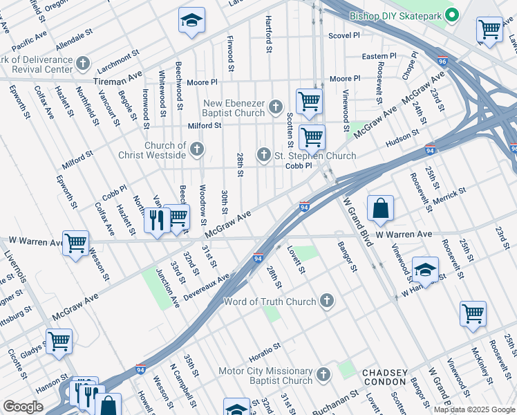 map of restaurants, bars, coffee shops, grocery stores, and more near McGraw Street & John E Hunter Street in Detroit