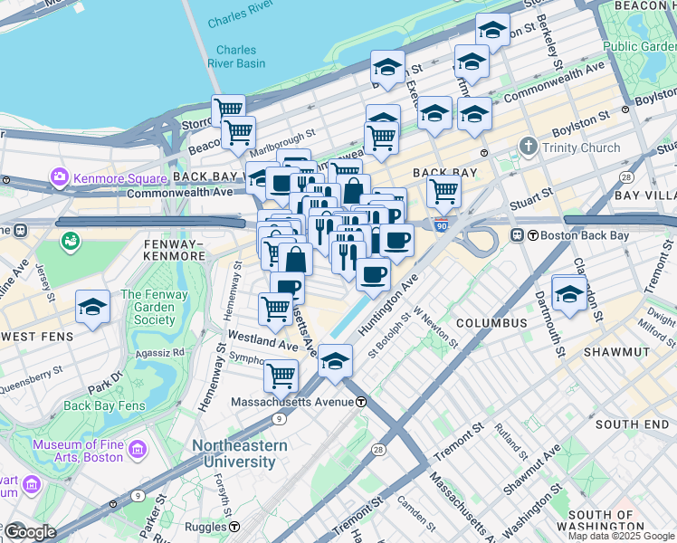 map of restaurants, bars, coffee shops, grocery stores, and more near 40 Dalton Street in Boston