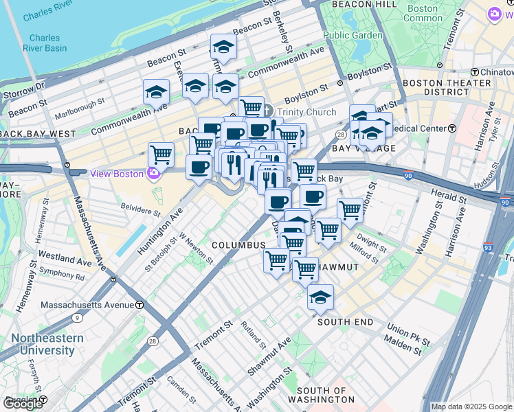 map of restaurants, bars, coffee shops, grocery stores, and more near Yarmouth Place in Boston