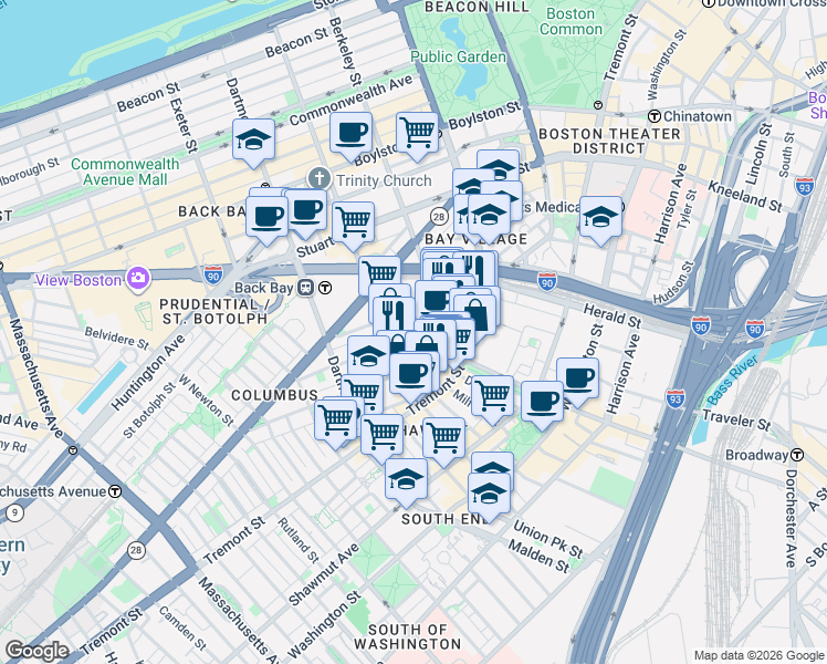 map of restaurants, bars, coffee shops, grocery stores, and more near 4 Lawrence Street in Boston