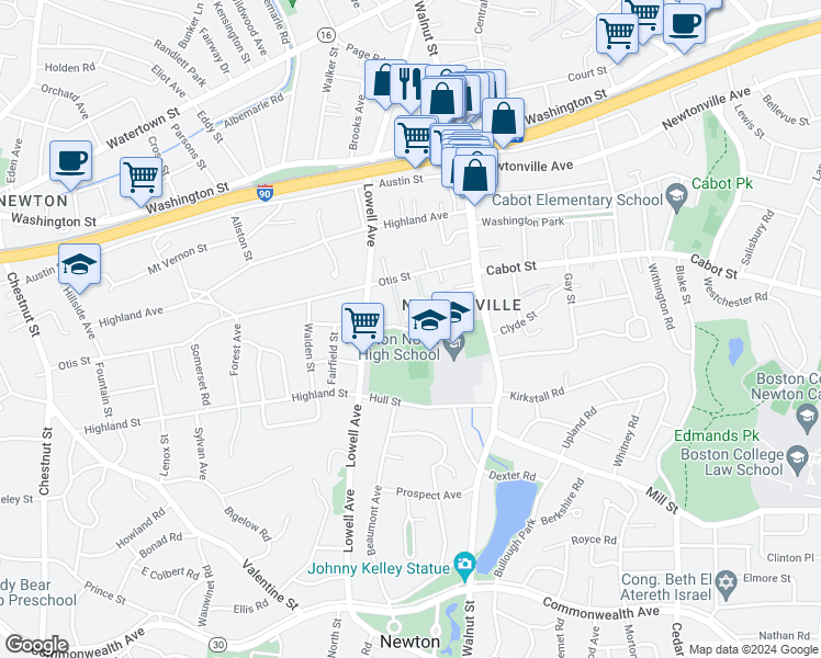 map of restaurants, bars, coffee shops, grocery stores, and more near 63 Elm Road in Newton