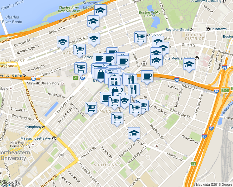 map of restaurants, bars, coffee shops, grocery stores, and more near 331 Columbus Avenue in Boston
