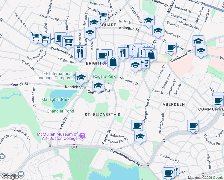 map of restaurants, bars, coffee shops, grocery stores, and more near 3 Glenmont Road in Boston
