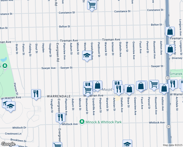 map of restaurants, bars, coffee shops, grocery stores, and more near 7430 Grandville Avenue in Detroit