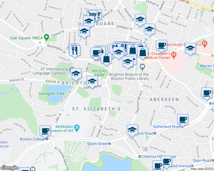 map of restaurants, bars, coffee shops, grocery stores, and more near Foster Street & Glenmont Road in Boston