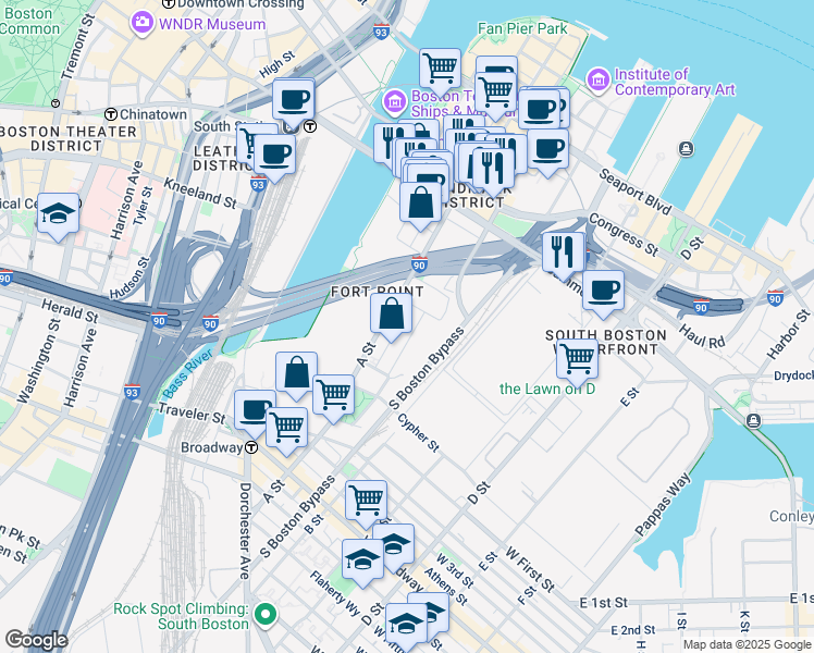 map of restaurants, bars, coffee shops, grocery stores, and more near 35 Channel Center Street in Boston