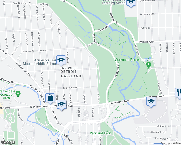 map of restaurants, bars, coffee shops, grocery stores, and more near 7530 Rockdale in Detroit