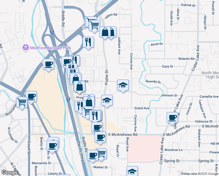 map of restaurants, bars, coffee shops, grocery stores, and more near 1398 Morrow Road in Medford