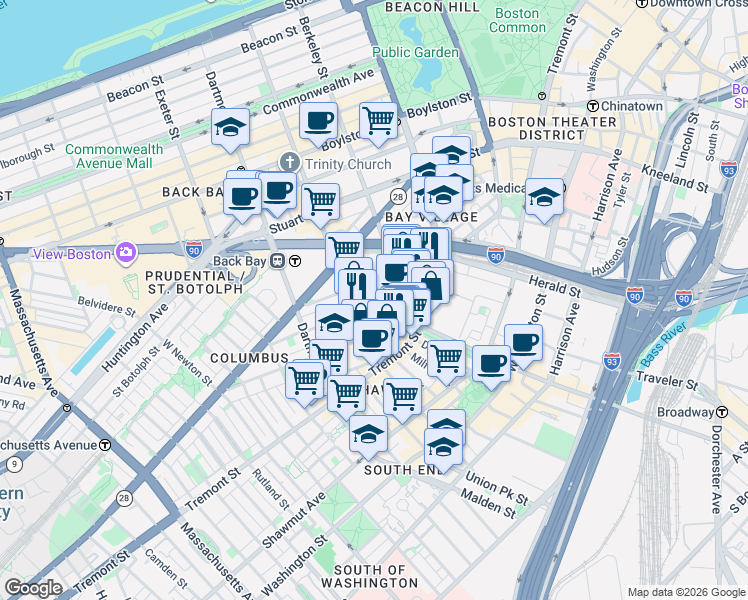 map of restaurants, bars, coffee shops, grocery stores, and more near 4 Lawrence Street in Boston