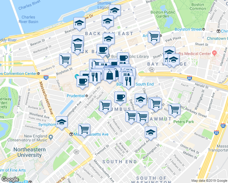 map of restaurants, bars, coffee shops, grocery stores, and more near 100 Huntington Avenue in Boston