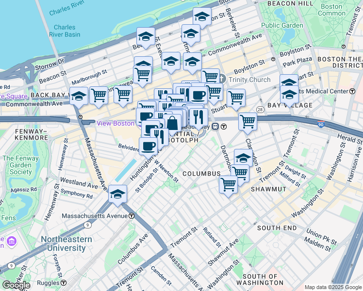 map of restaurants, bars, coffee shops, grocery stores, and more near 2 Harcourt Street in Boston