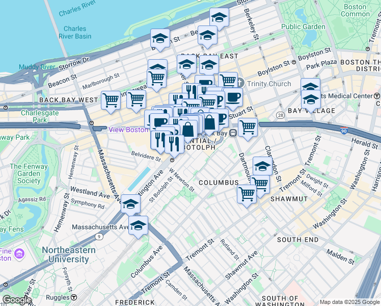 map of restaurants, bars, coffee shops, grocery stores, and more near 2 Harcourt Street in Boston
