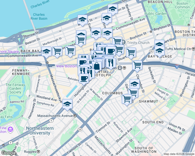 map of restaurants, bars, coffee shops, grocery stores, and more near 2 Harcourt Street in Boston